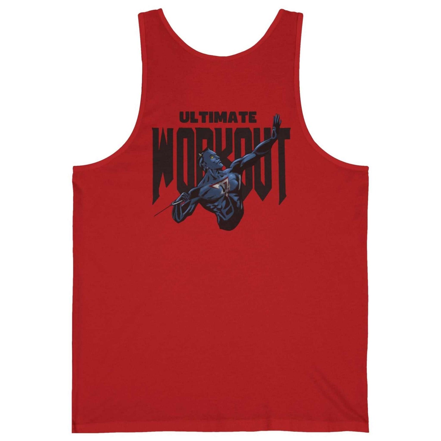 Back view of a red fantasy comic gym wear tank featuring the Ultimate Workout Dablo back graphic.