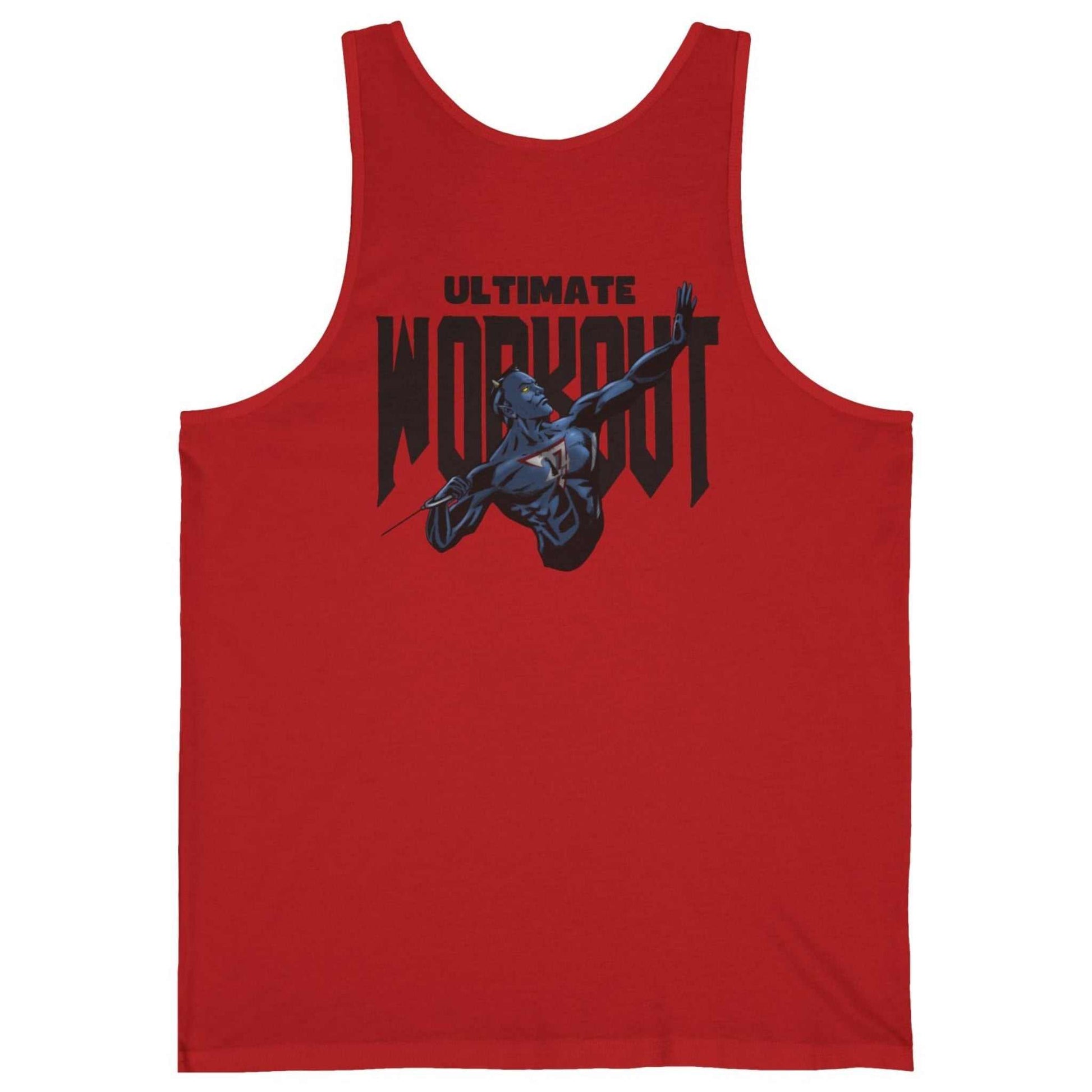 Back view of a red fantasy comic gym wear tank featuring the Ultimate Workout Dablo back graphic.