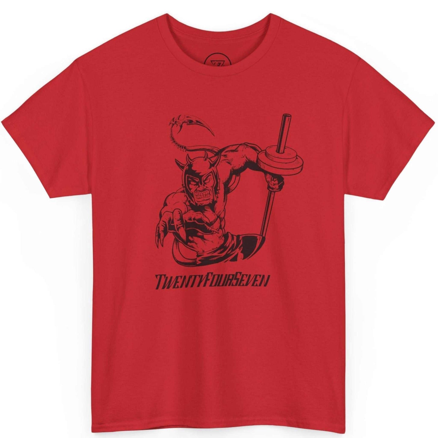 Front view of a vivid red fantasy workout shirt highlighting the detailed indie comic illustration.