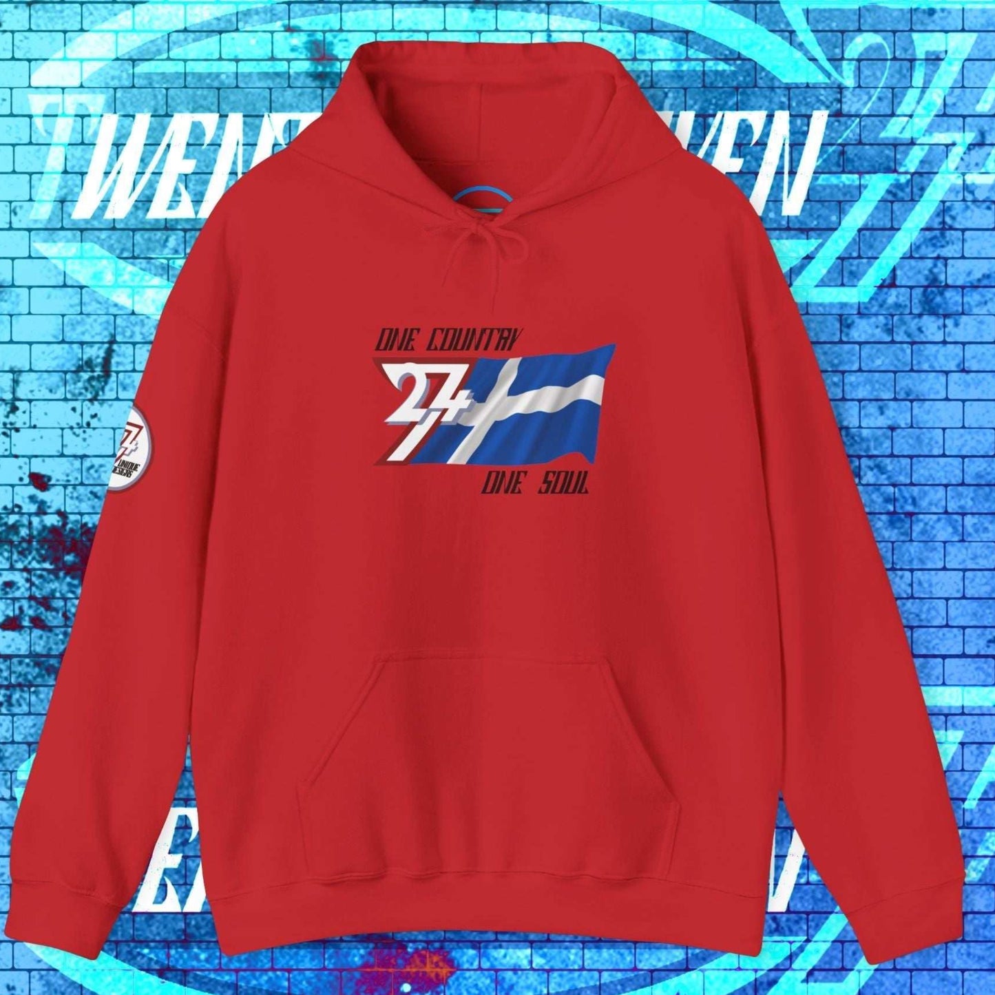 Bold Red Suomi pride hoodie featuring the signature hand-drawn Nordic cross and 24/7 brand marks.