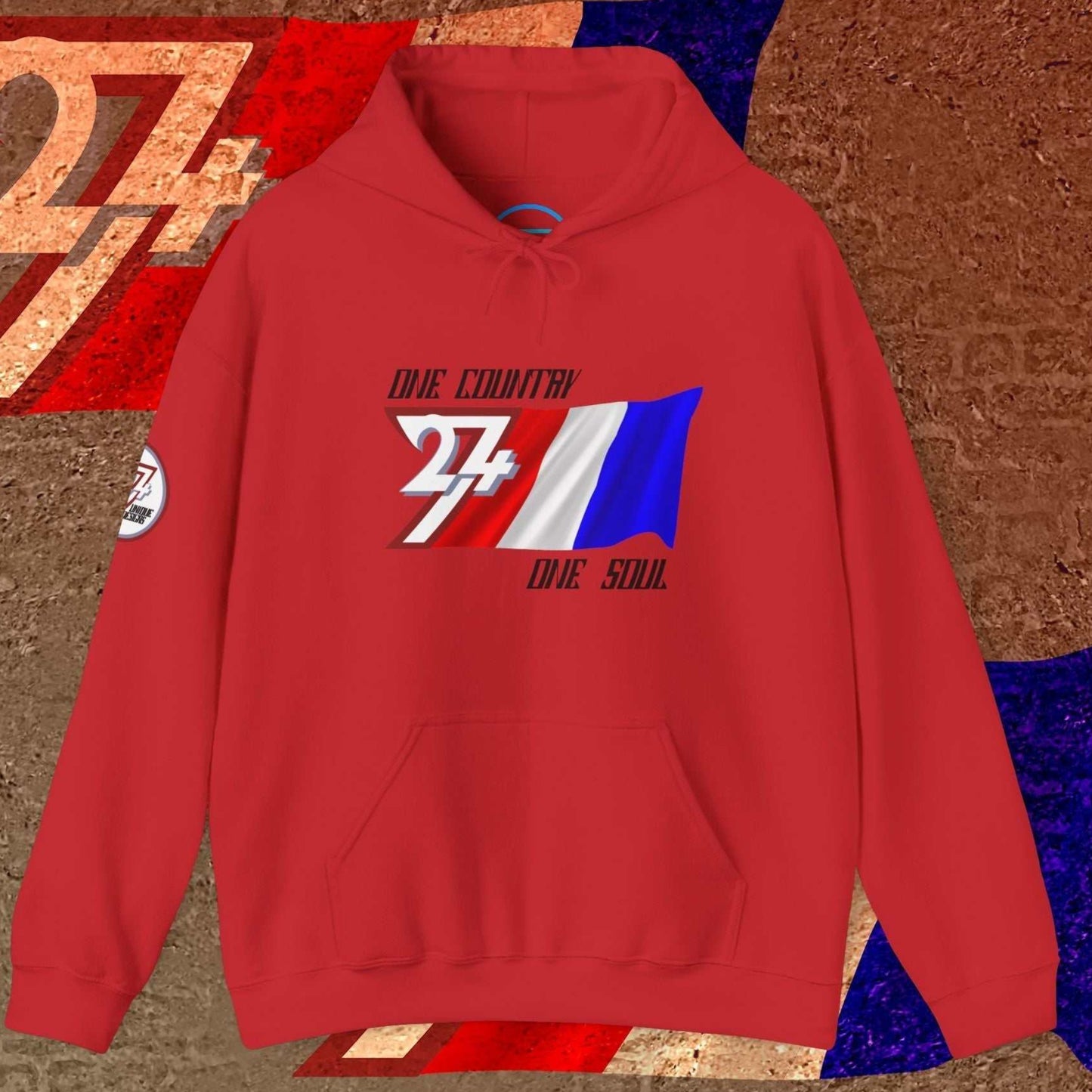 Bold Red France heritage hoodie featuring the signature hand-drawn tricolor and 24/7 brand marks.