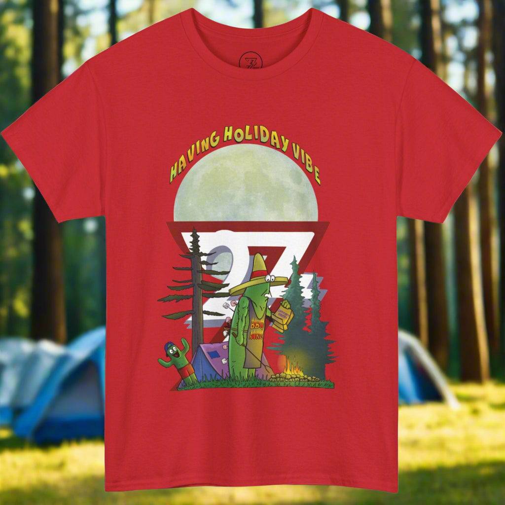 Bright red graphic t-shirt featuring a father and son cactus duo having a funny marshmallow accident at a campfire.