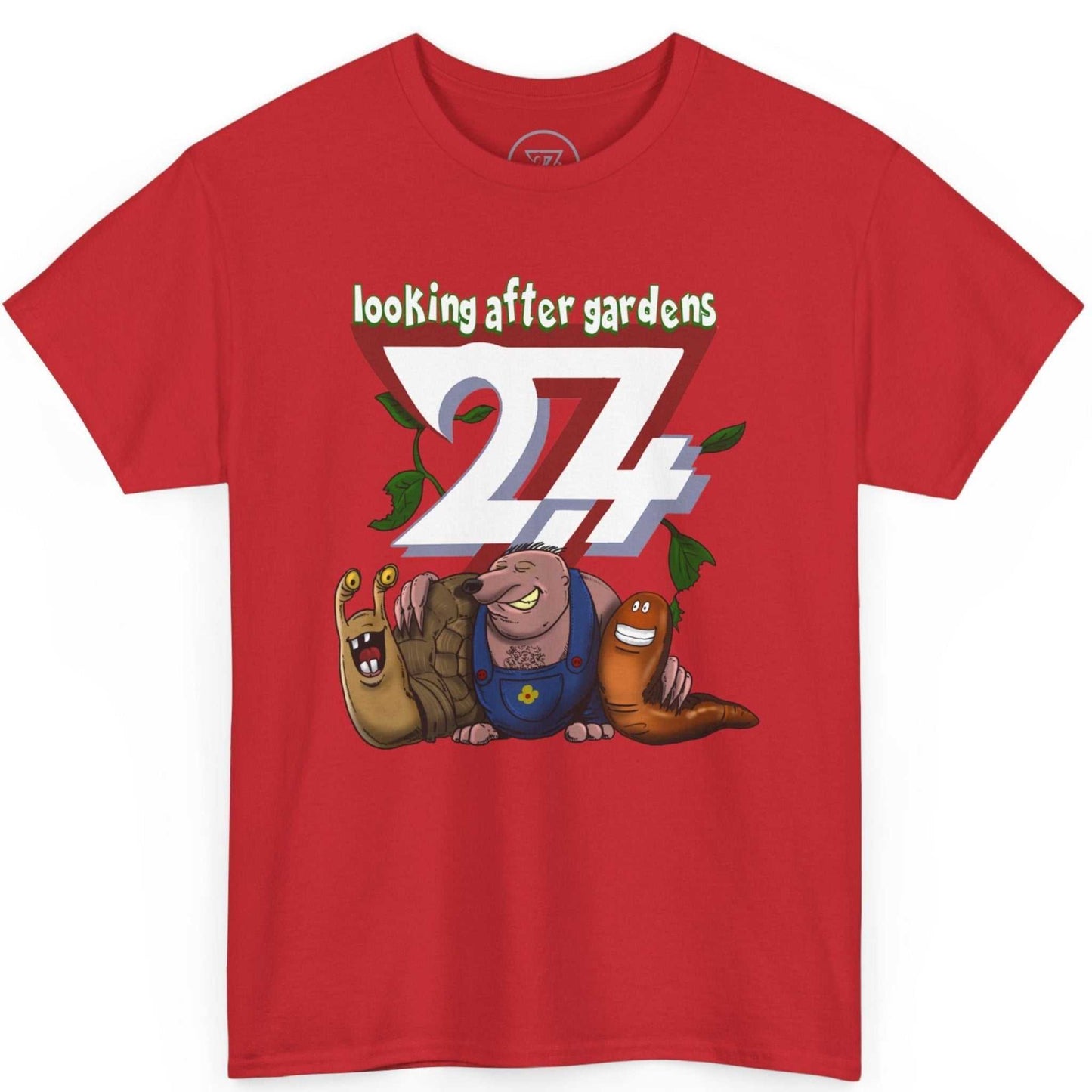Red funny garden animal graphic shirt featuring the bold green typography, shown on a clean background.