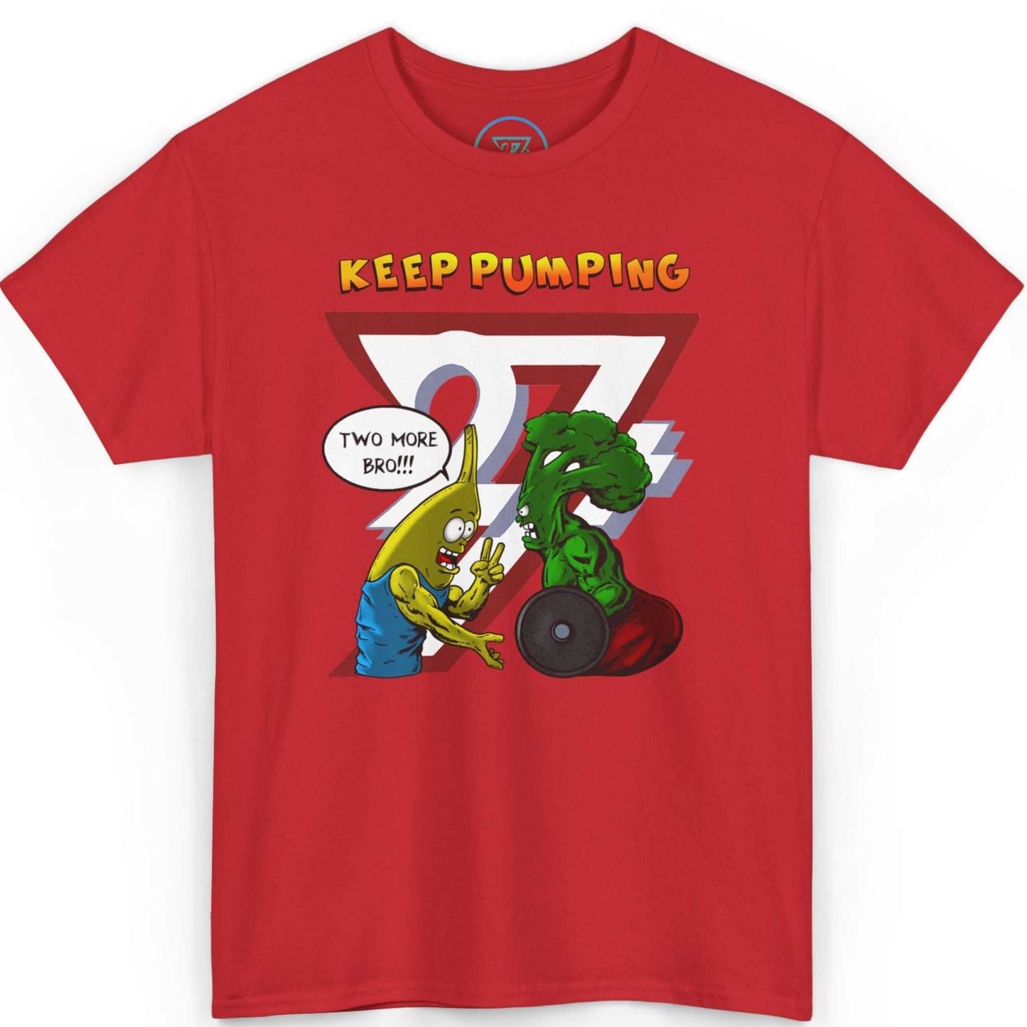 Front view of a bold red funny lifting t-shirt highlighting the Leonando comic characters, shown on a clean background.