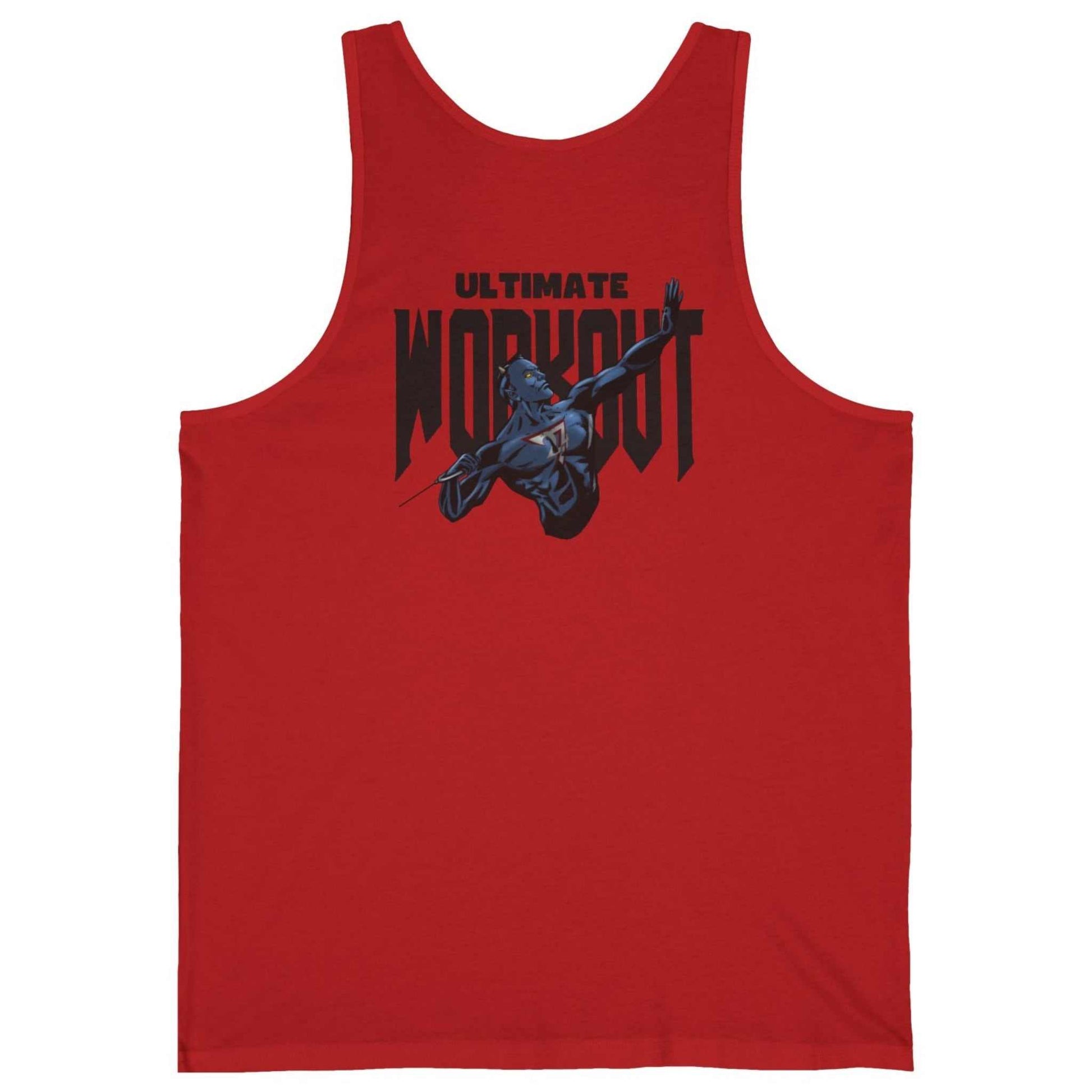 Back view of a red funny muscle tank highlighting the detailed blue character gym illustration.