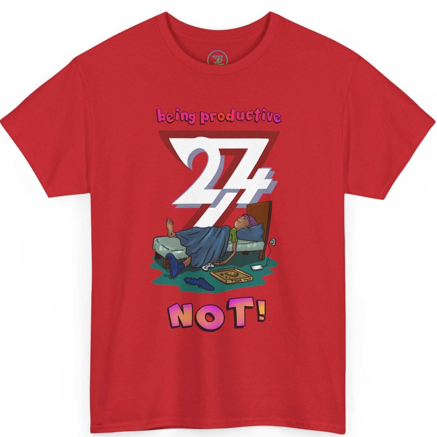 Red funny unmotivated graphic tee displaying the bold original art, shown on a clean background.