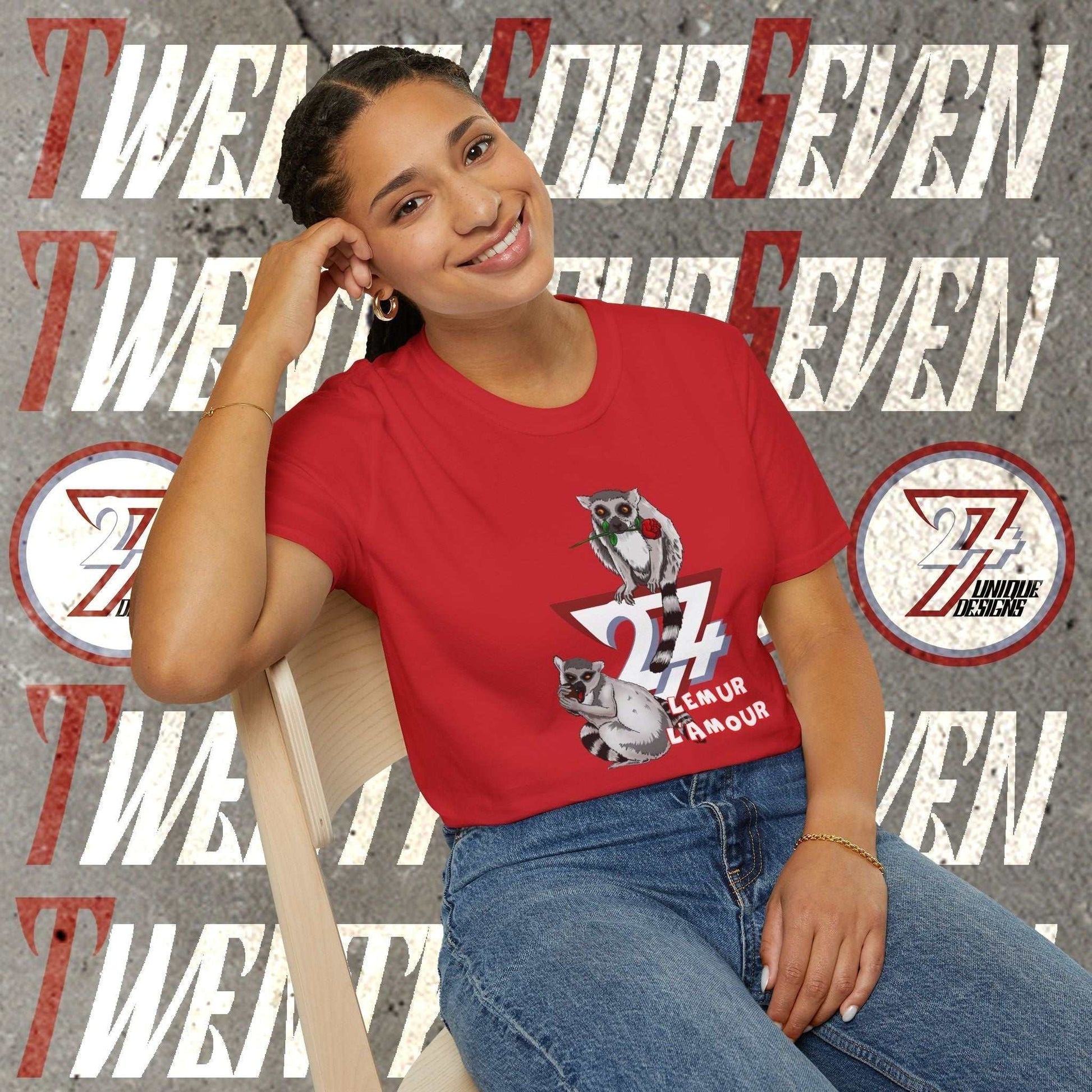 Female model styling the red hand-drawn lemur love tee for a cute Valentine’s Day outfit.