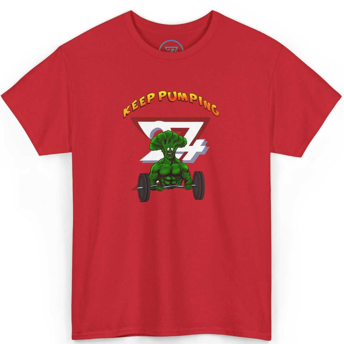 Front view of a bold red funny workout shirt highlighting the original indie comic character, laid flat.