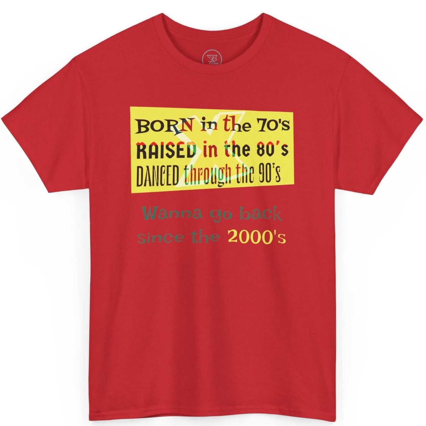 Flat lay of the red Gen-X clothing top highlighting the vibrant retro decade typography.