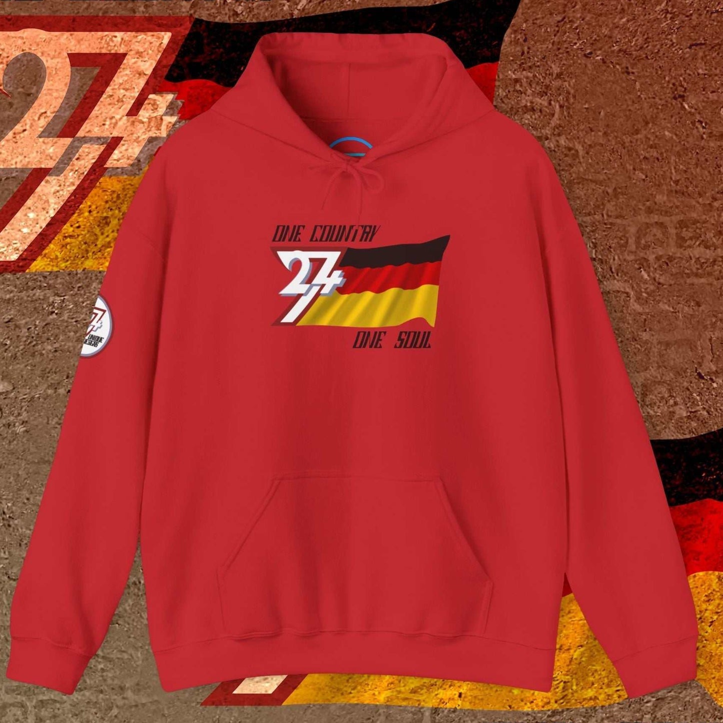 The Deutschland "Axis" hoodie in a vibrant Red, featuring the signature hand-drawn lines of the national flag.