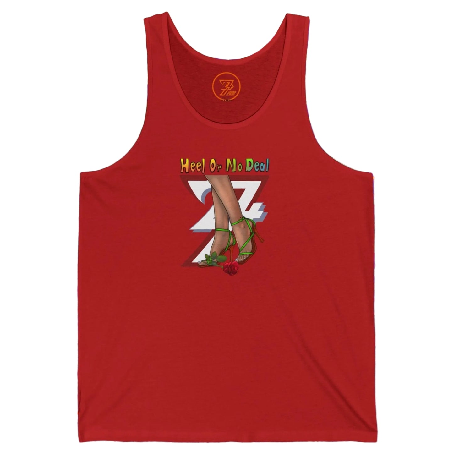 Bright red going out tank top displaying an edgy Heel Or No Deal chest graphic with green stilettos.