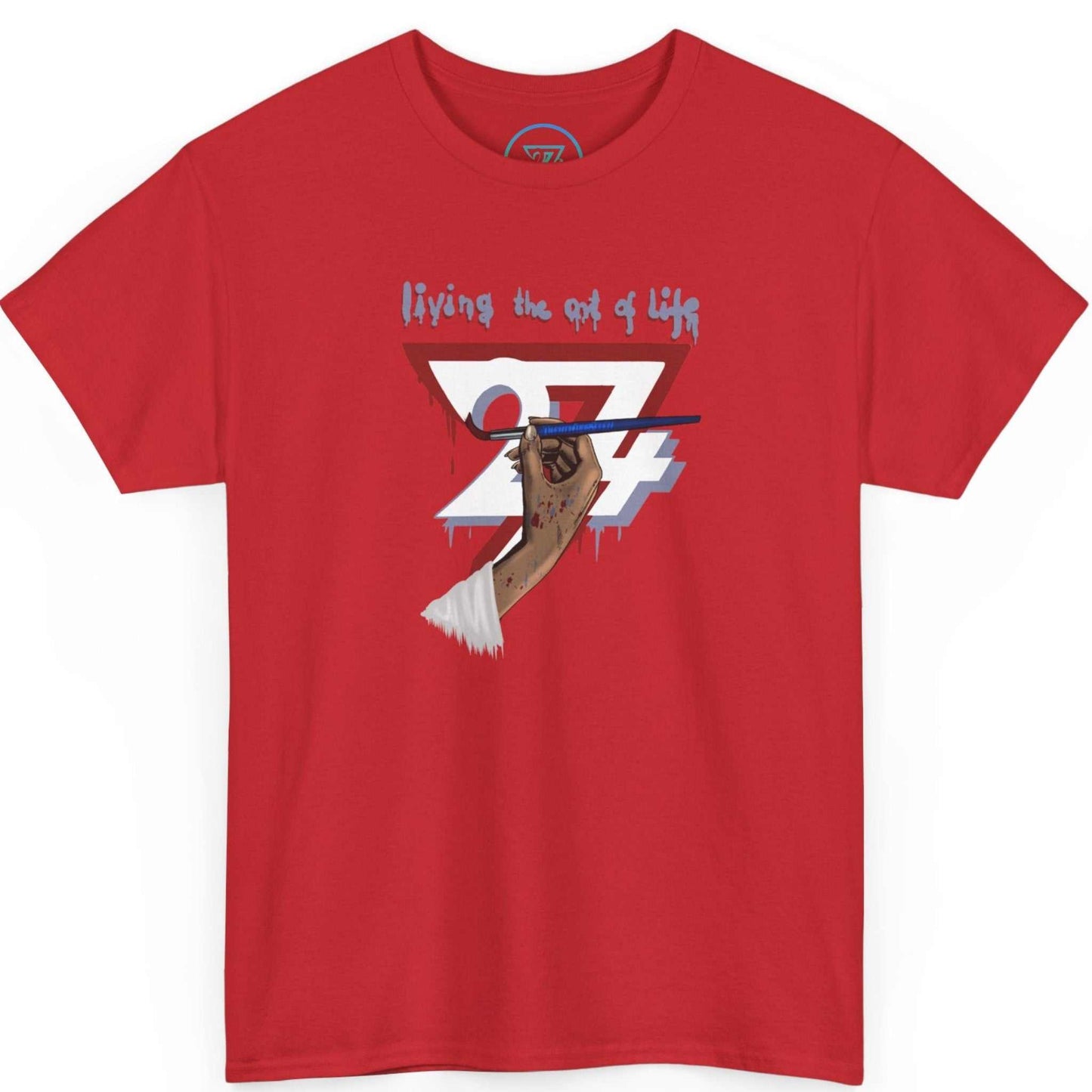 Bold red graphic tee for female artists showcasing the detailed unique artwork, laid flat.