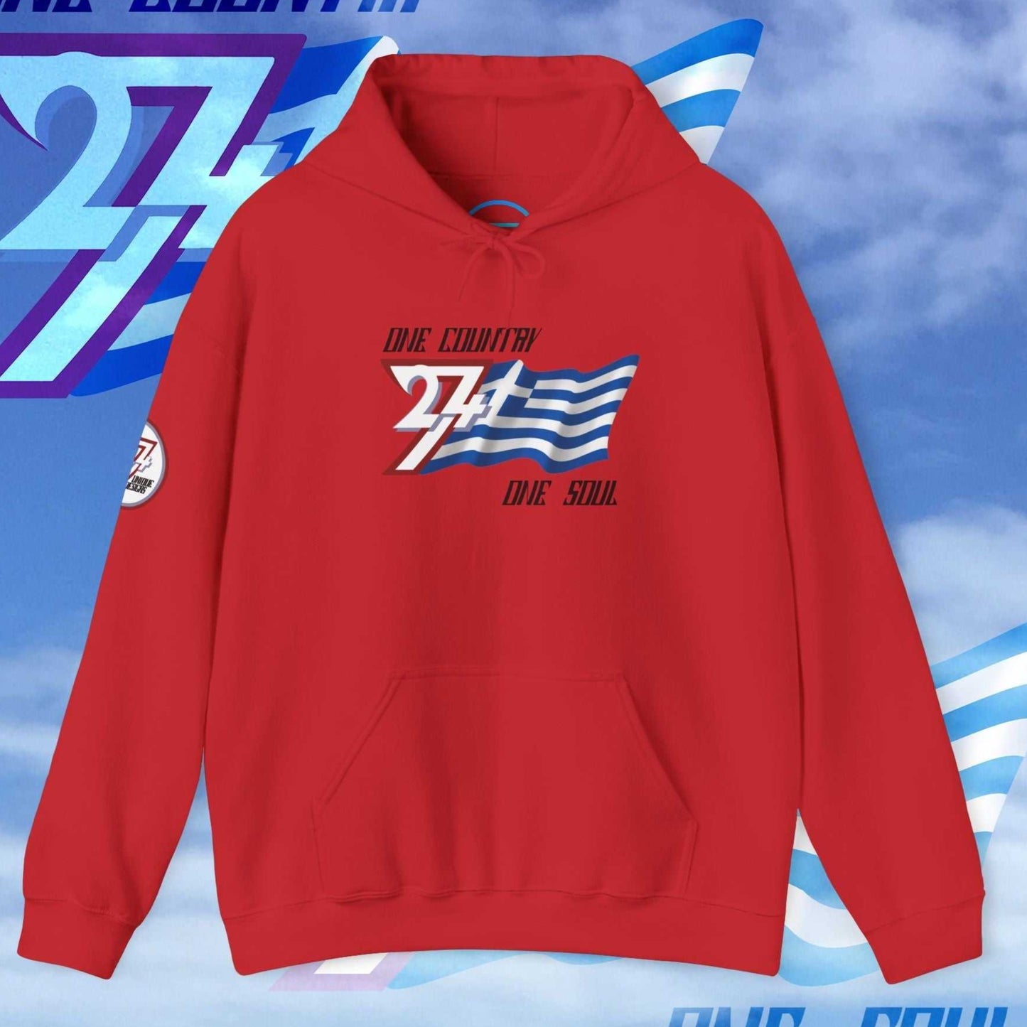 Bold Red streetwear hoodie with the hand-drawn Hellas national flag and 24/7 brand marks.