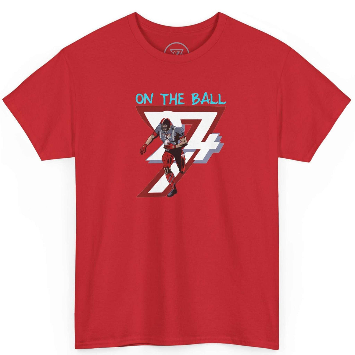 Front view of a bold red hand-drawn american football shirt featuring the On the Ball graphic, laid flat on a clean background.