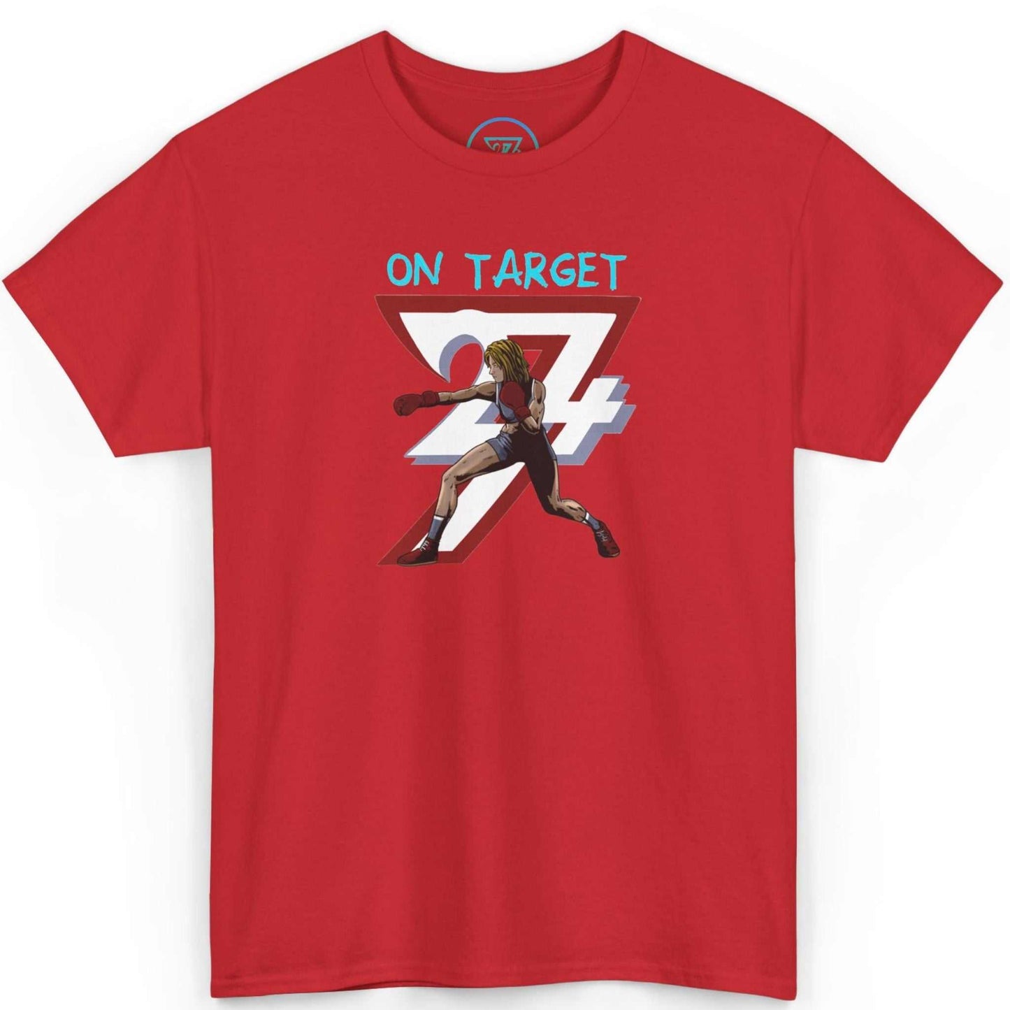 Front view of a bold red hand-drawn female fighter shirt showcasing the dynamic On Target boxing graphic, laid flat on a clean background.
