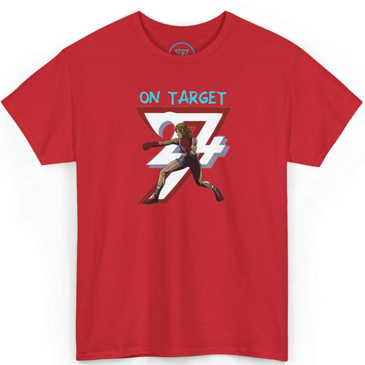 Front view of a bold red hand-drawn female fighter shirt showcasing the dynamic On Target boxing graphic, laid flat on a clean background.