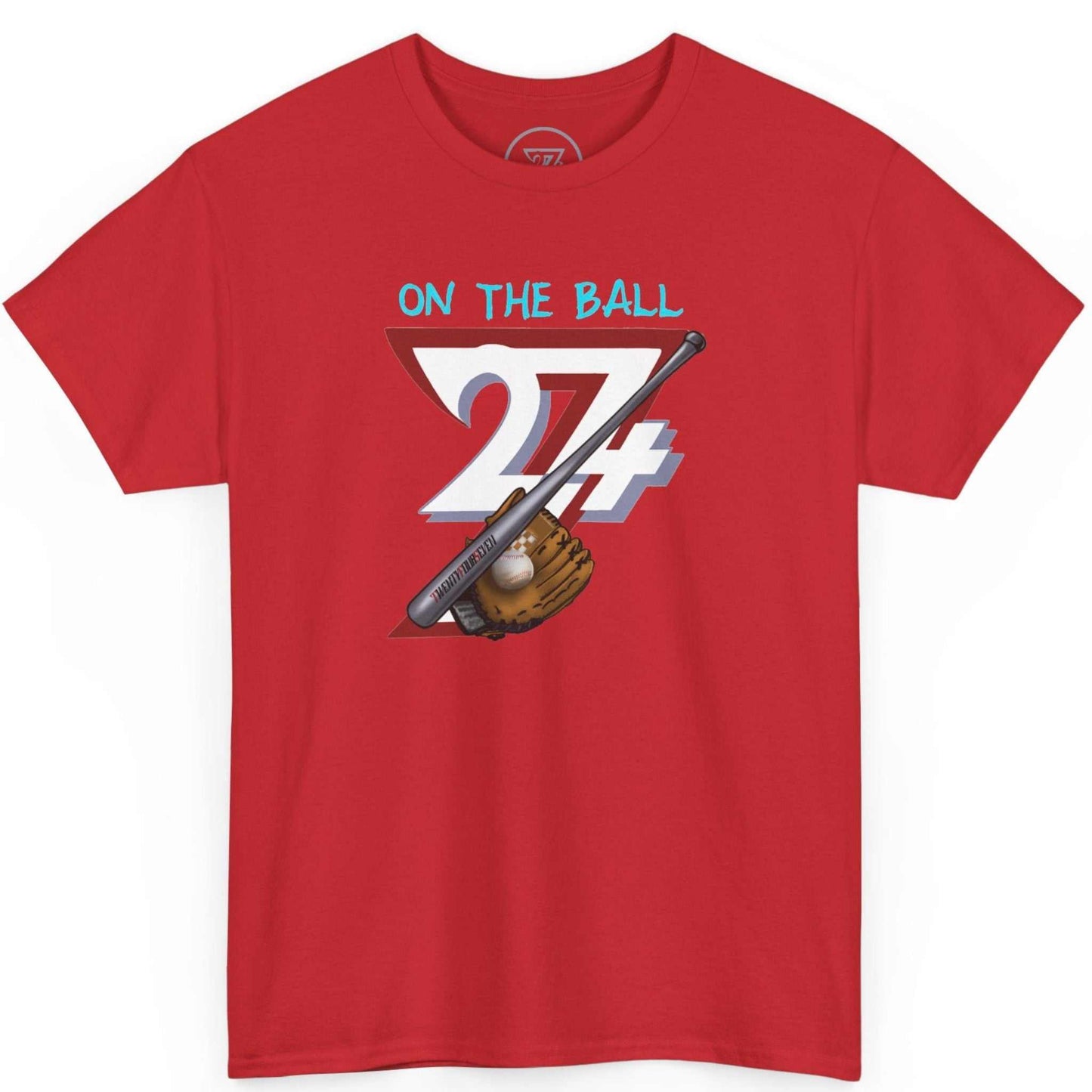 Front view of a bold red hand-drawn game day shirt featuring the On the Ball graphic, laid flat on a clean background.