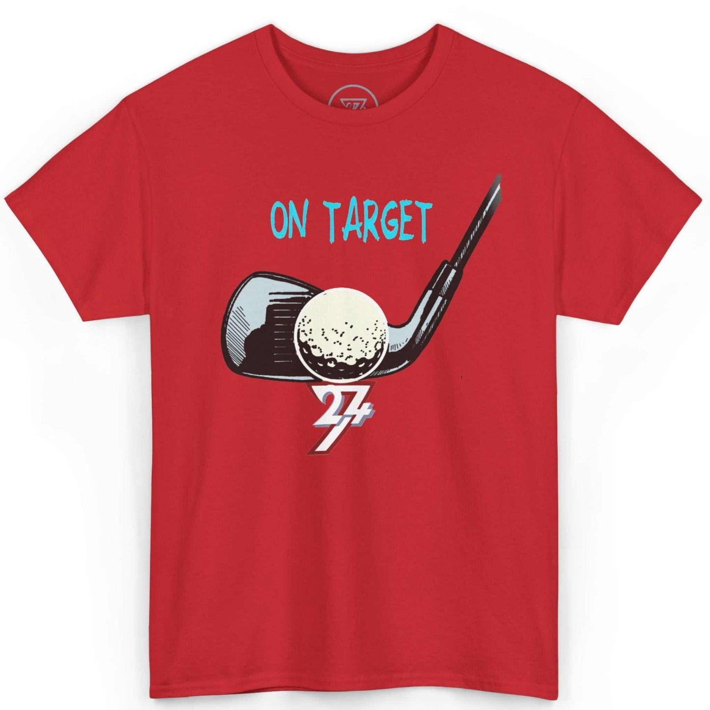 Front view of a bold red hand-drawn golfer shirt featuring the detailed DTG artwork, laid flat on a clean background.