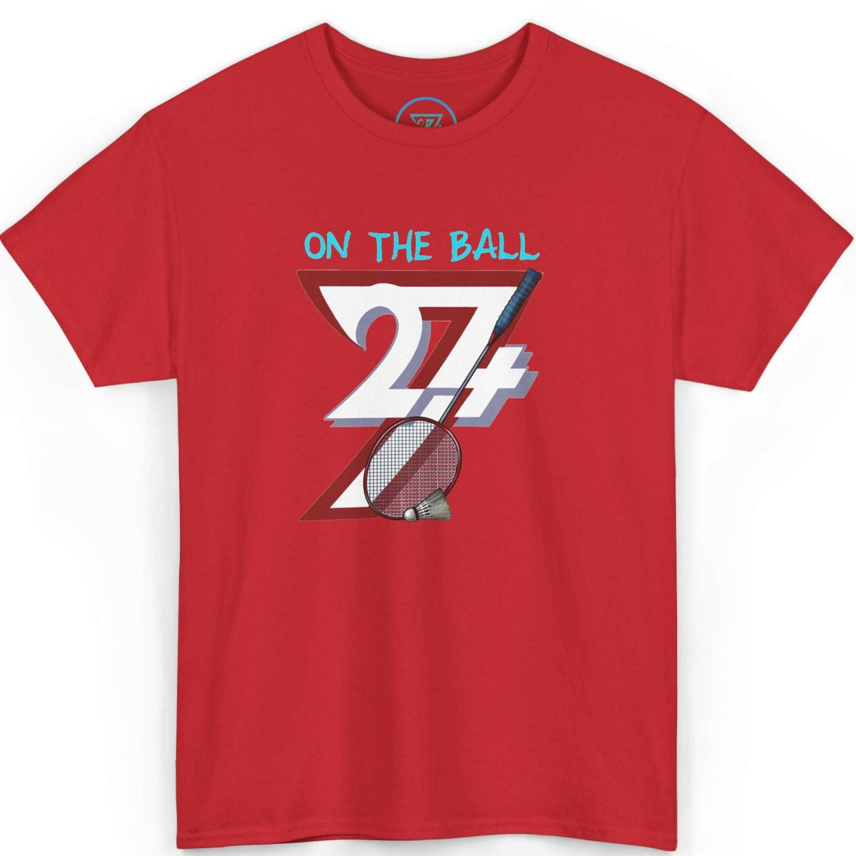 Front view of a bold red hand-drawn outdoor sports tee showcasing the crisp digital illustration, laid flat.