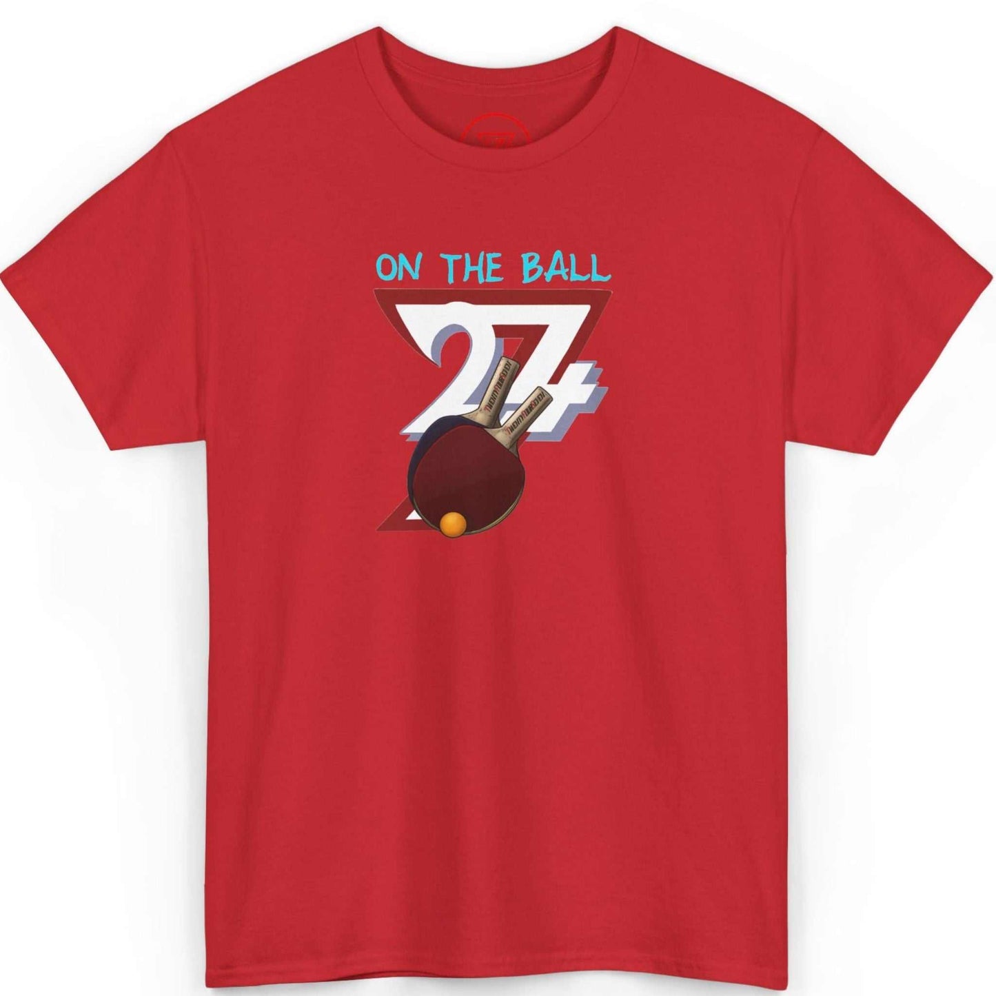 Front view of a bold red hand-drawn ping pong shirt featuring the dynamic comic-style illustration, laid flat on a clean background.