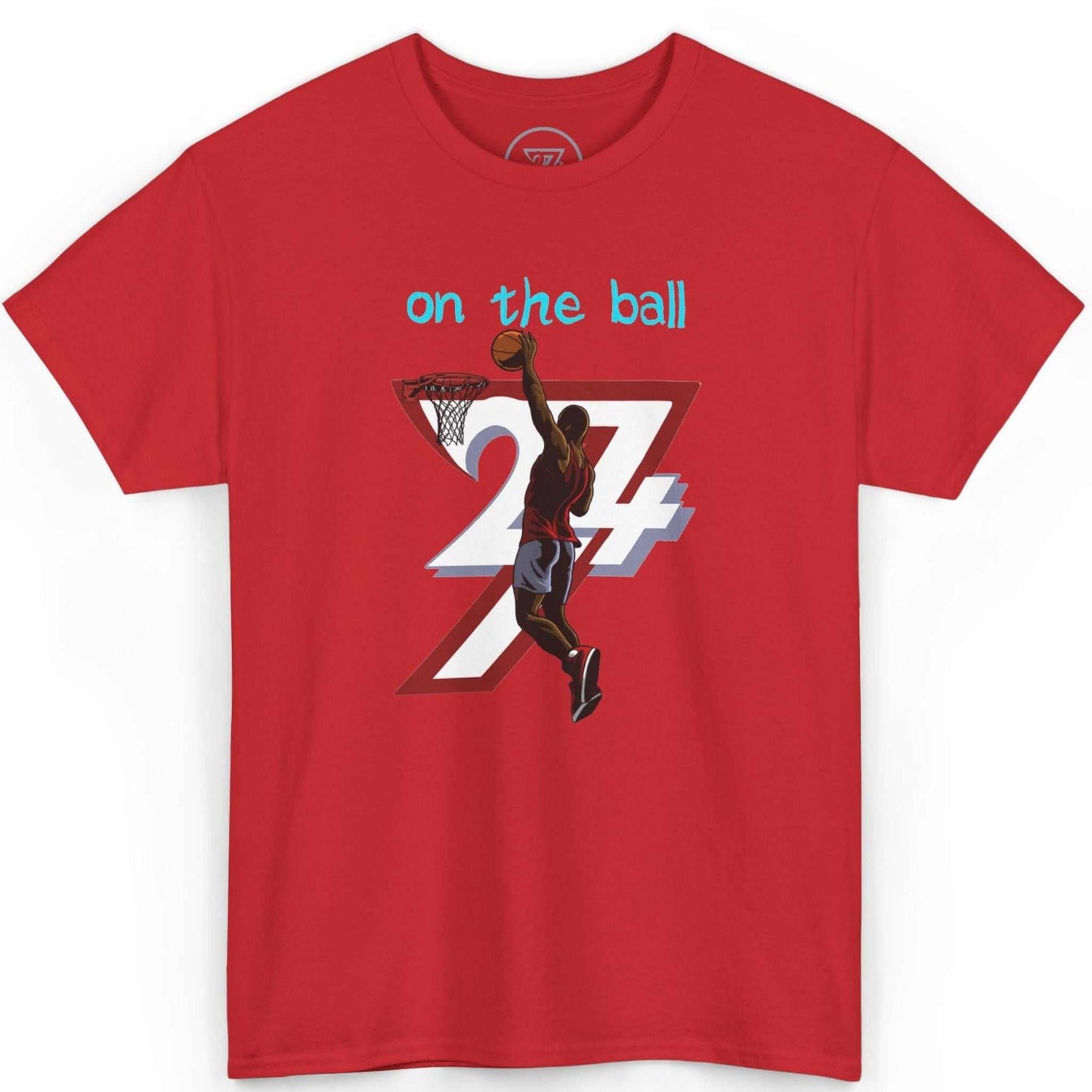 Front view of a bold red hand-drawn streetwear shirt showcasing the dynamic basketball illustration, laid flat on a clean background.