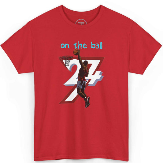 Front view of a bold red hand-drawn streetwear shirt showcasing the dynamic basketball illustration, laid flat on a clean background.