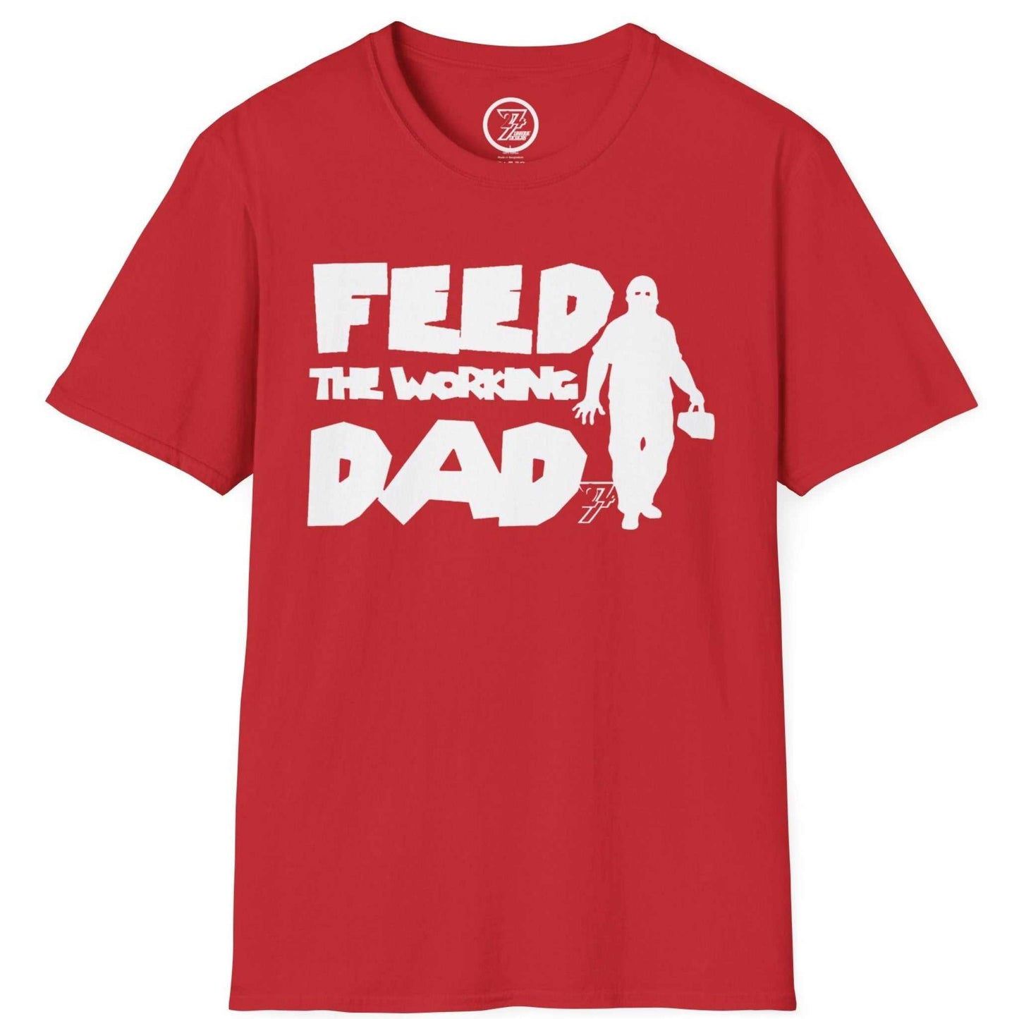 Red handyman Father's Day shirt featuring the crisp white parody text, laid flat.