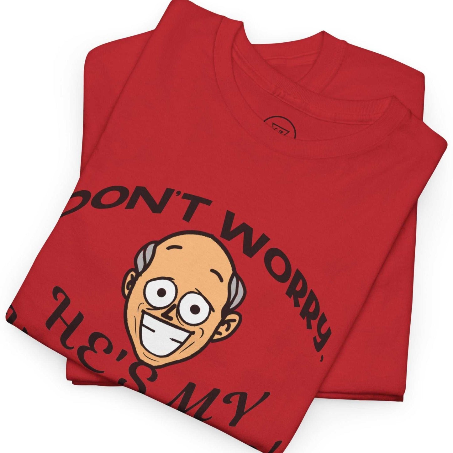 Folded view of the red heavy cotton funny shirt highlighting the wide-eyed character design and text.
