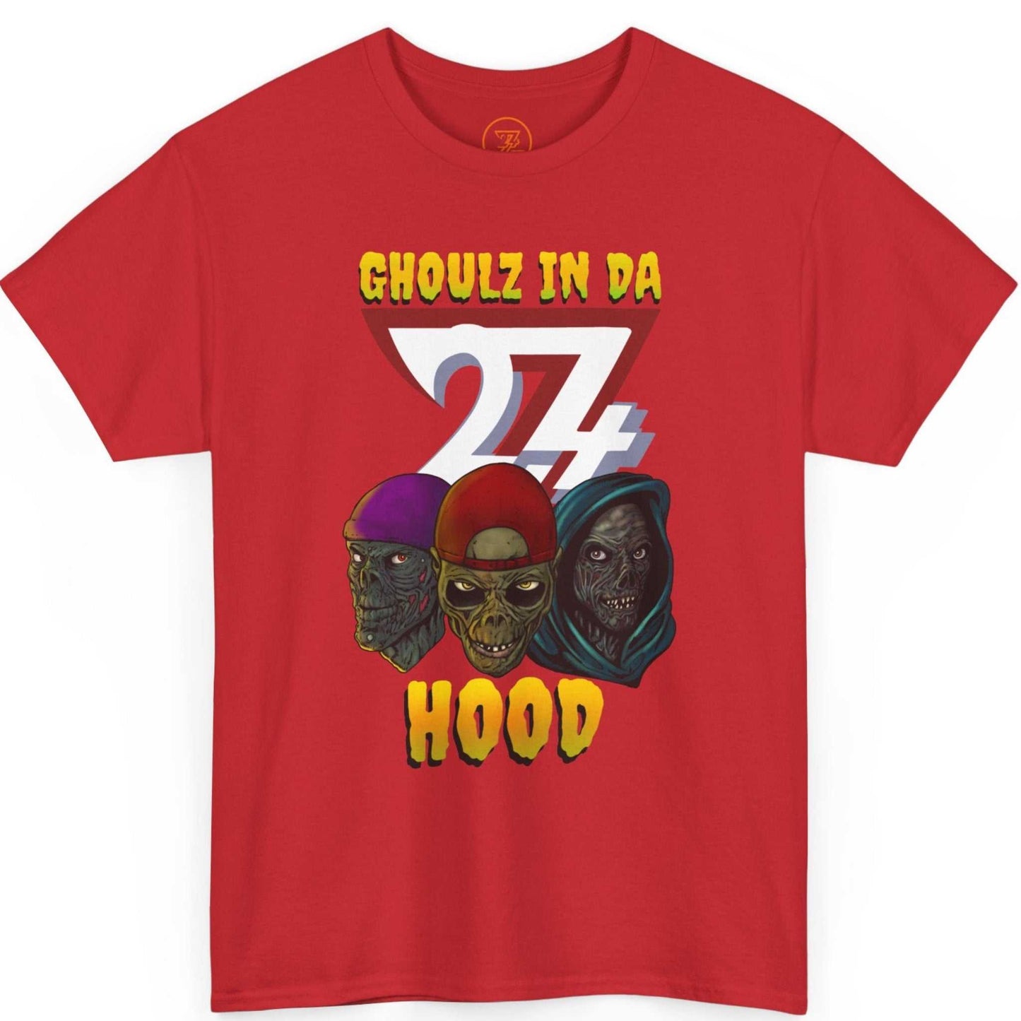 Front view of a red heavy cotton graphic shirt highlighting the human-drawn horror comic style ghouls.