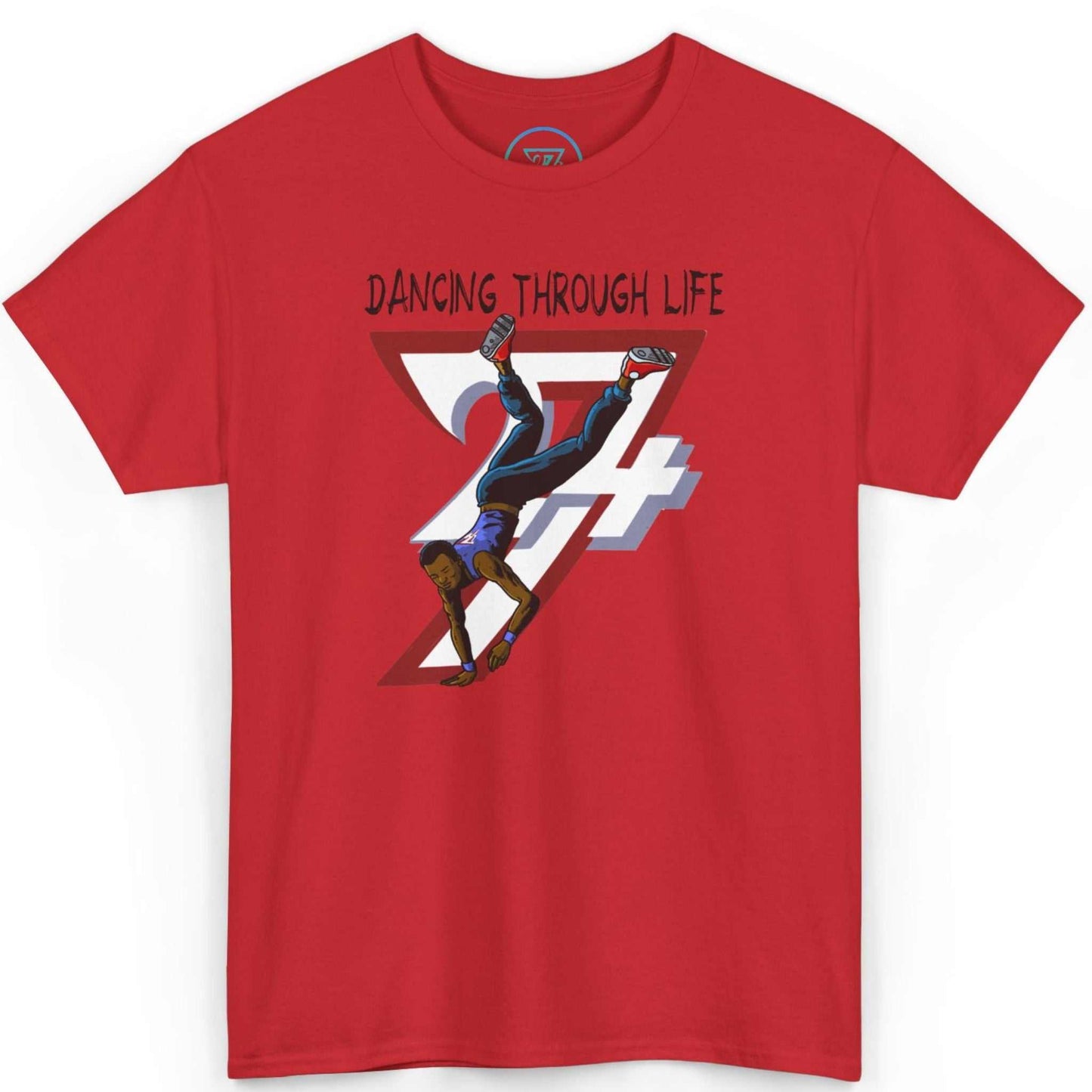 Front view of a bold red hip-hop dance graphic tee featuring the hand-drawn street jam design, laid flat on a clean background.