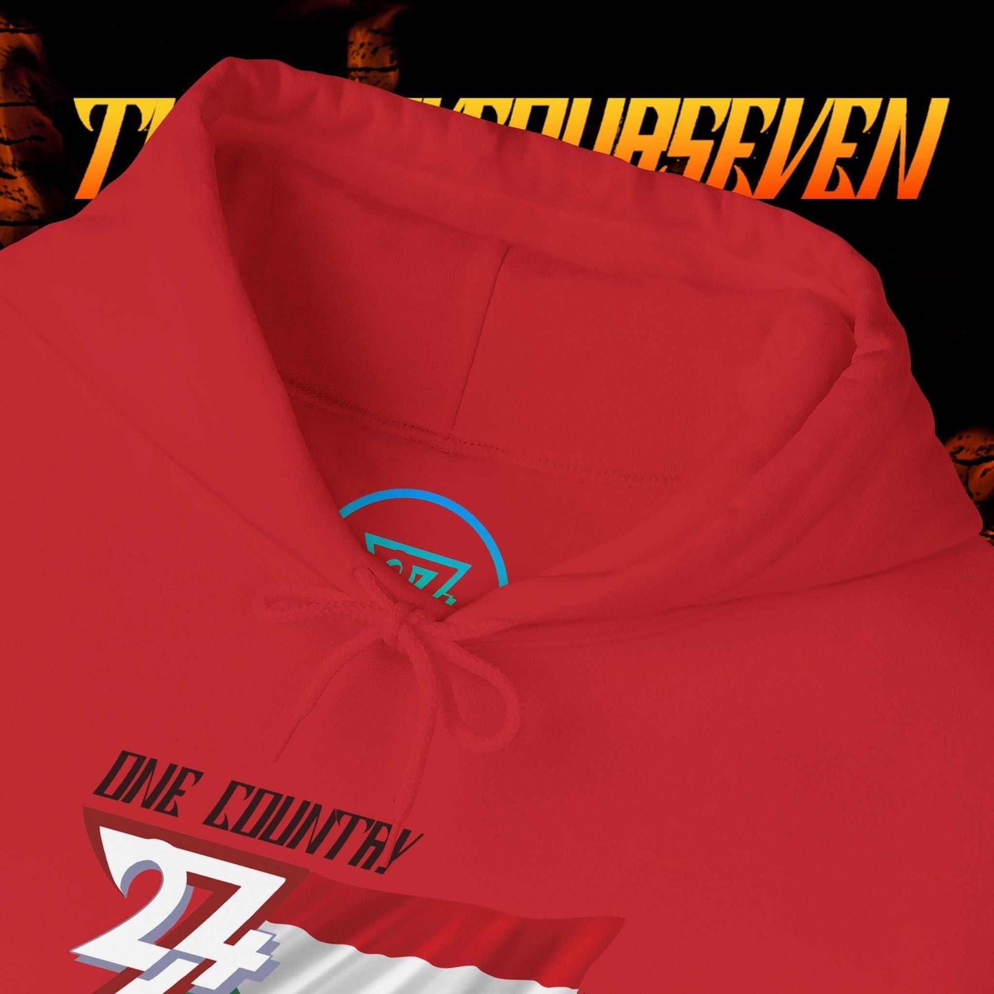 Macro close-up of the inner neck area showing the tear-away label and authentic 24/7 Unique Designs trademark logo.