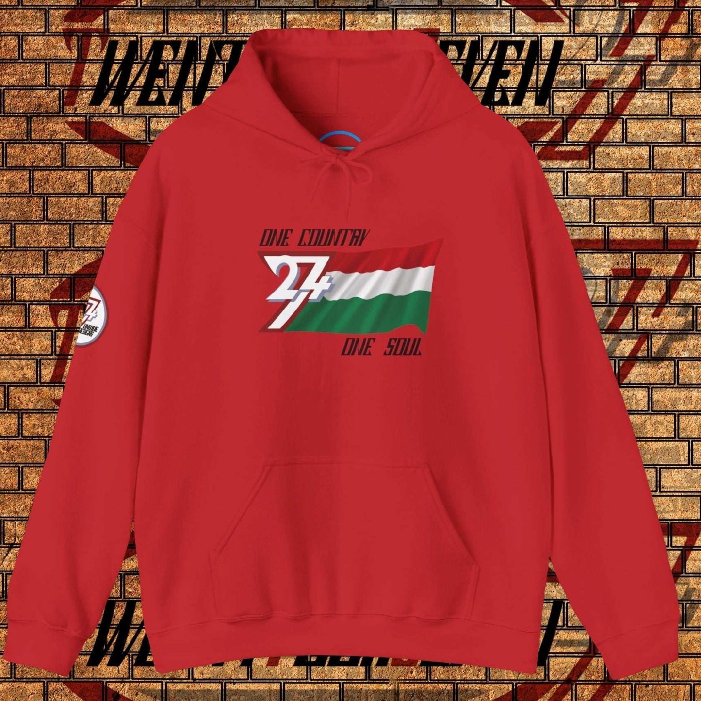A full-view Red Hungary pride hoodie featuring our exclusive "One Country One Soul" refined artist print.