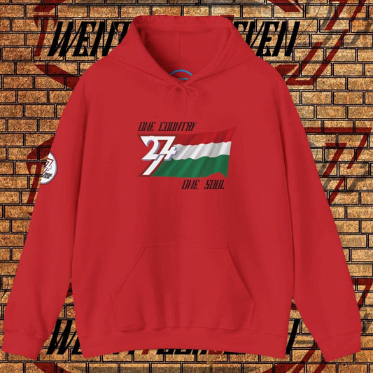 A full-view Red Hungary pride hoodie featuring our exclusive "One Country One Soul" refined artist print.