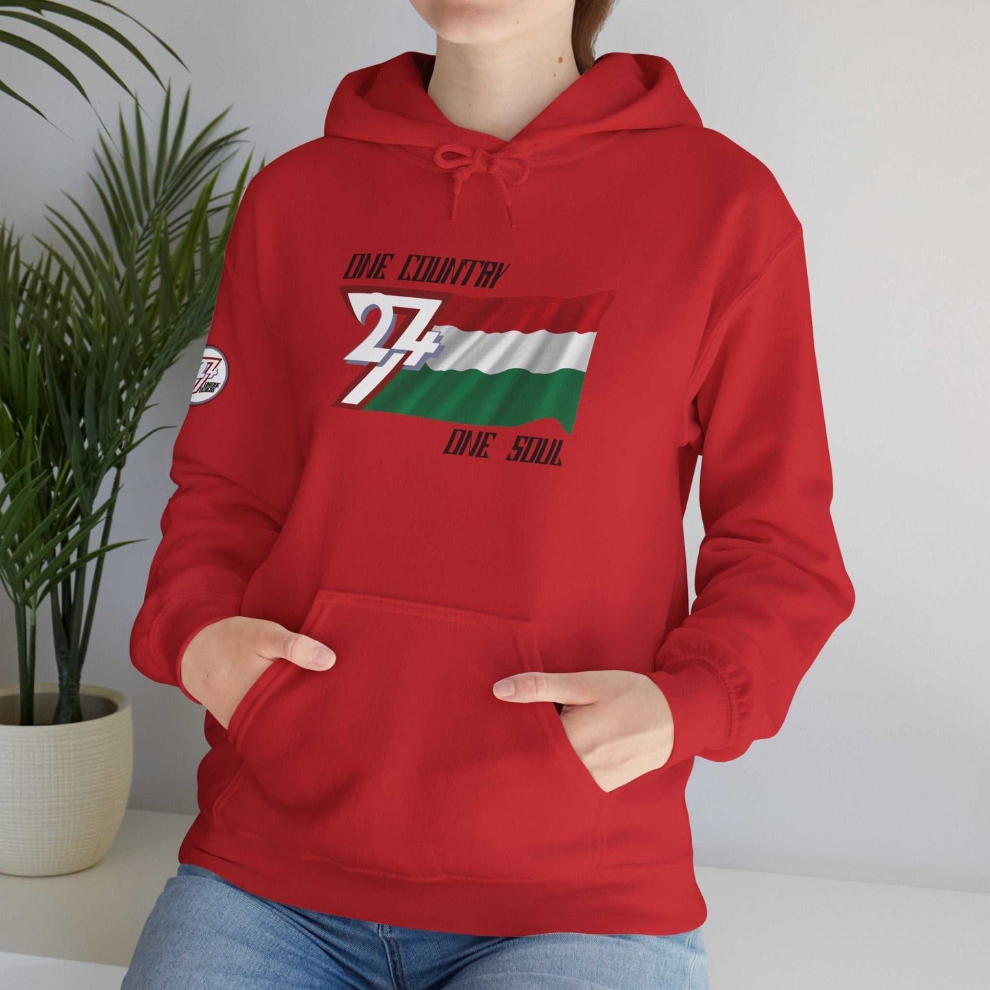 Model wearing the Magyarország "Legacy" edition hoodie in Red, showing a modern, refined Hungarian streetwear look.