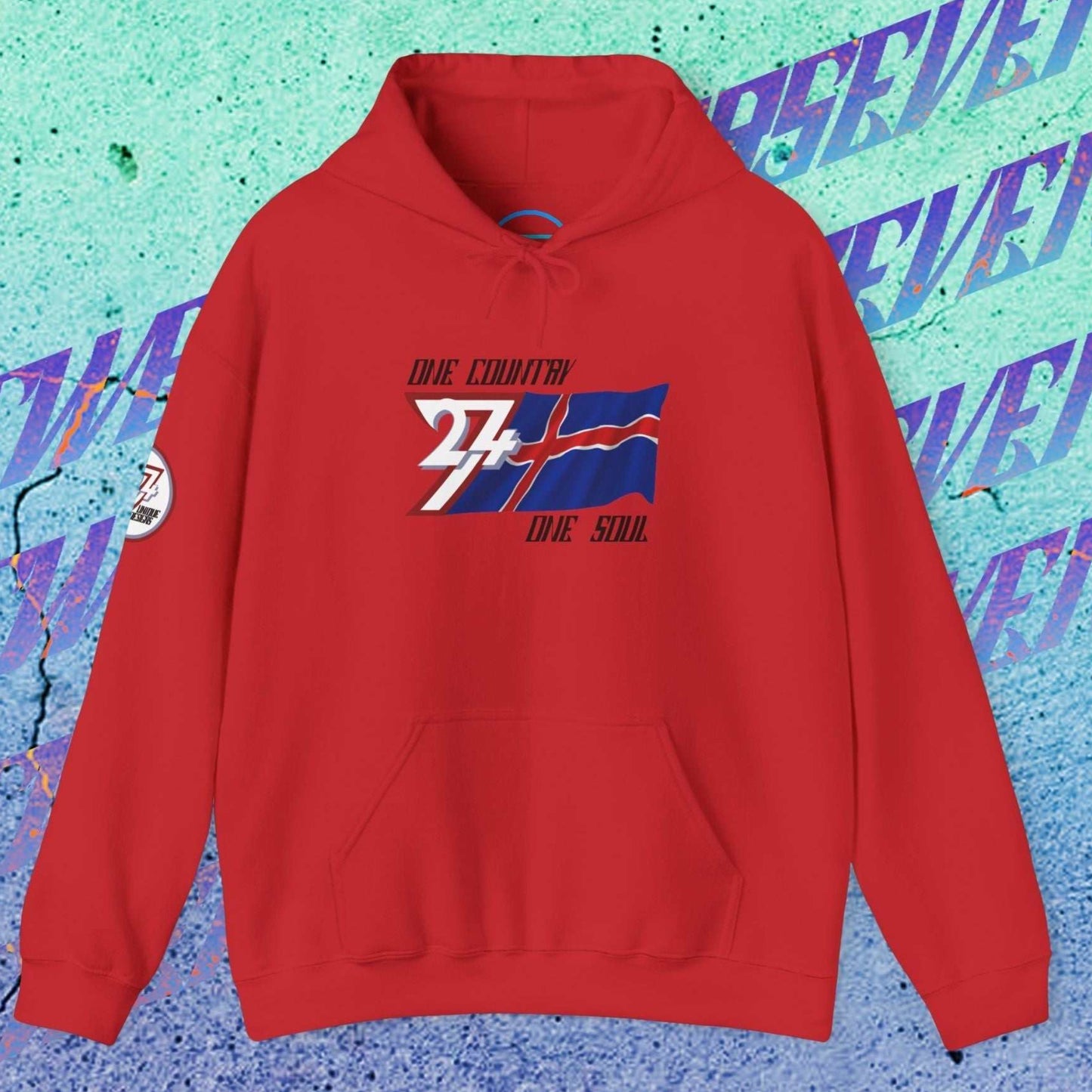 A full-view Red Iceland pride hoodie featuring our exclusive "One Country One Soul" refined artist print.