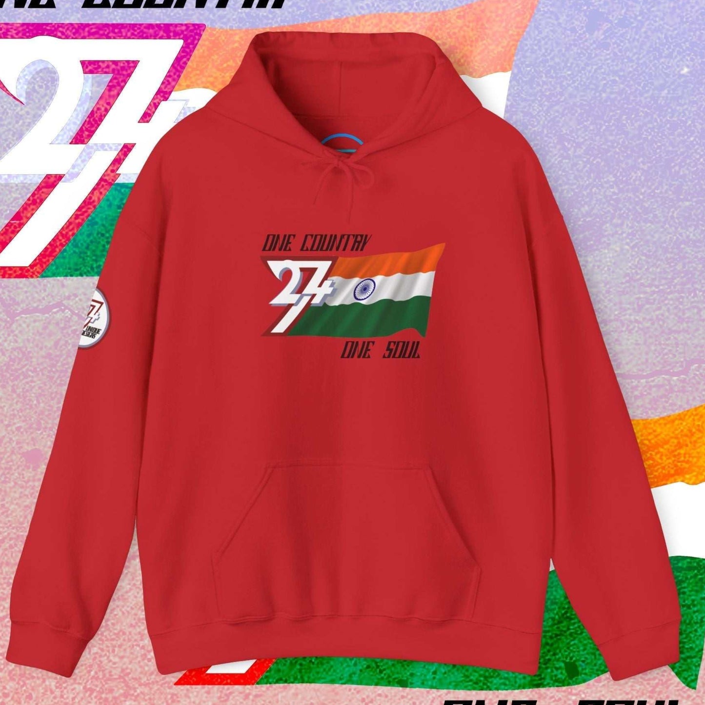A full-view Red India pride hoodie featuring our exclusive "One Country One Soul" refined artist print.
