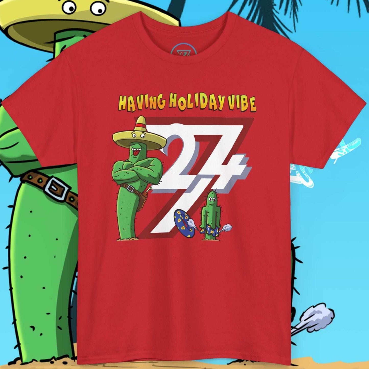 Red funny graphic t-shirt featuring a muscular cactus wearing a sombrero.