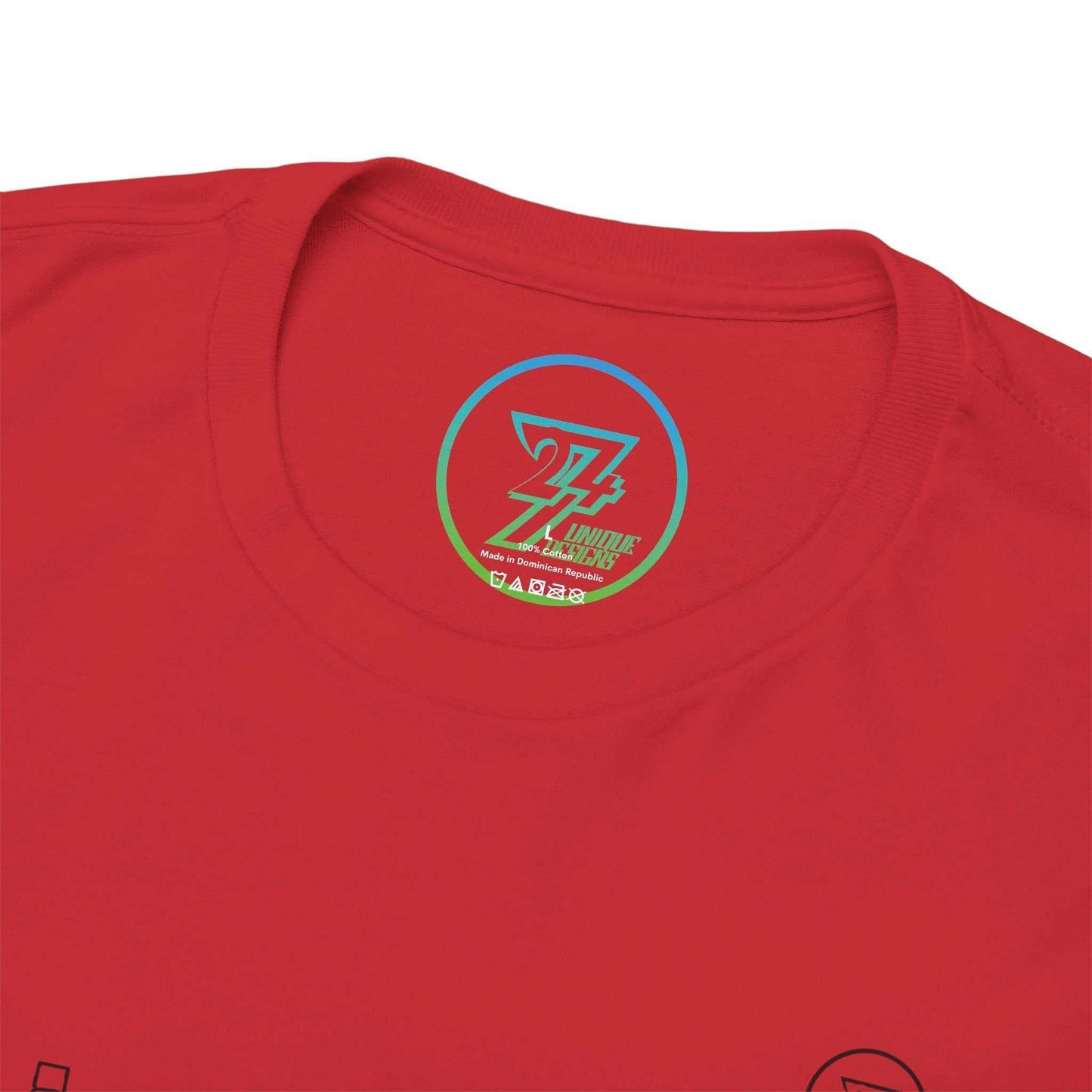 Close-up of the shape-retaining ribbed knit neckline on the red introvert graphic tee, highlighting the durable stitching.