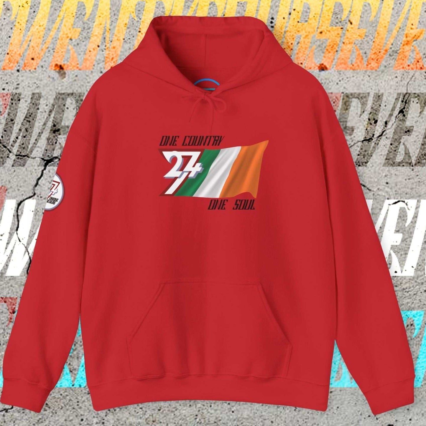 A full-view Red Ireland pride hoodie featuring our exclusive "One Country One Soul" refined artist print.