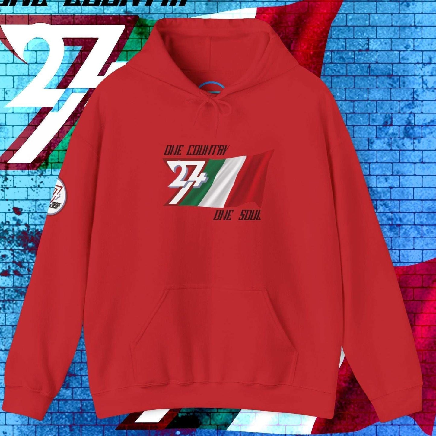 A full-view Red Italy pride hoodie featuring our exclusive "One Country One Soul" refined artist print.