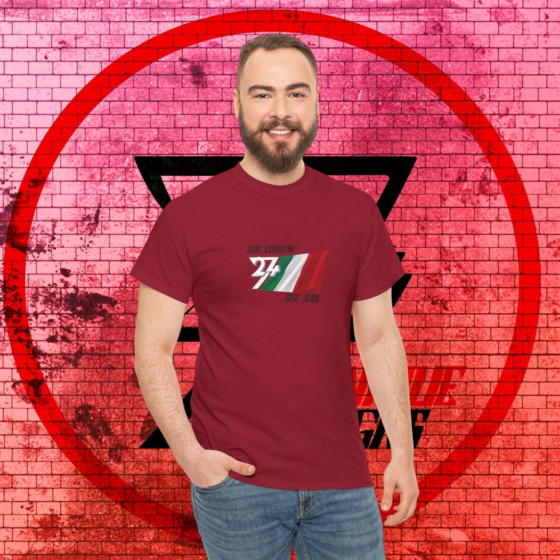Male model wearing the red Italy "Legacy" edition tee, showing a premium streetwear fit.