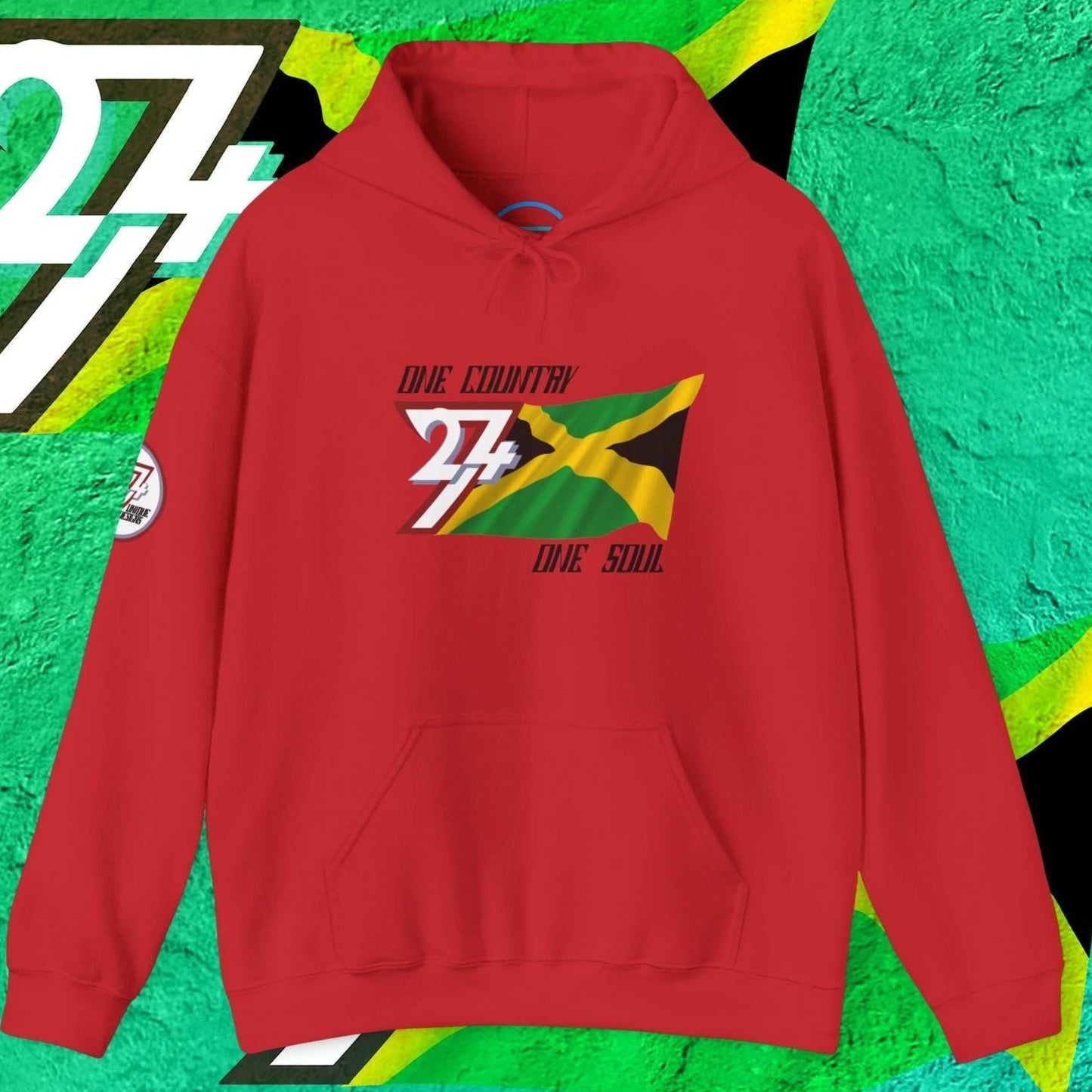 A full-view Red Jamaica pride hoodie featuring our exclusive "One Country One Soul" refined artist print.