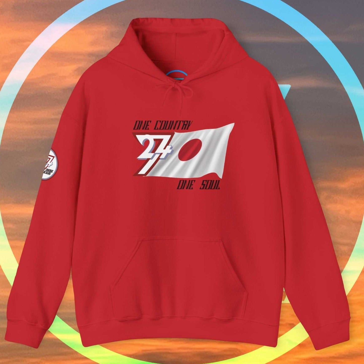A full-view Red Japan pride hoodie featuring our exclusive "One Country One Soul" refined artist print.