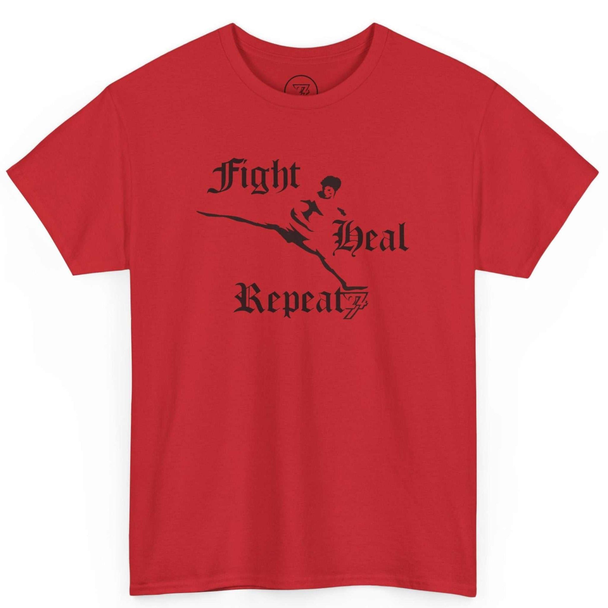 Front view of a vibrant red K1 kickboxing apparel tee featuring the fighter silhouette design, shown on a clean background.