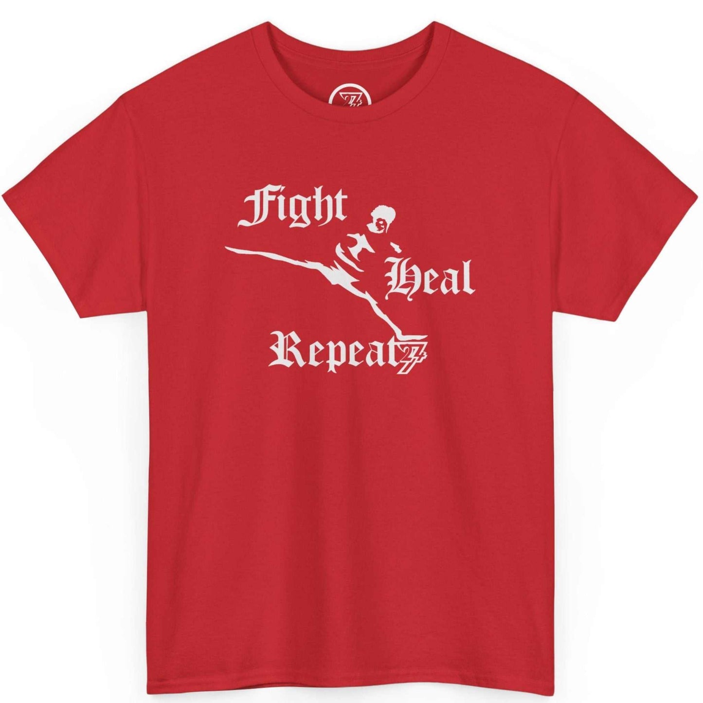 Front view of a bold red K1 martial arts apparel shirt showcasing the gritty fighter mantra graphic, laid flat.