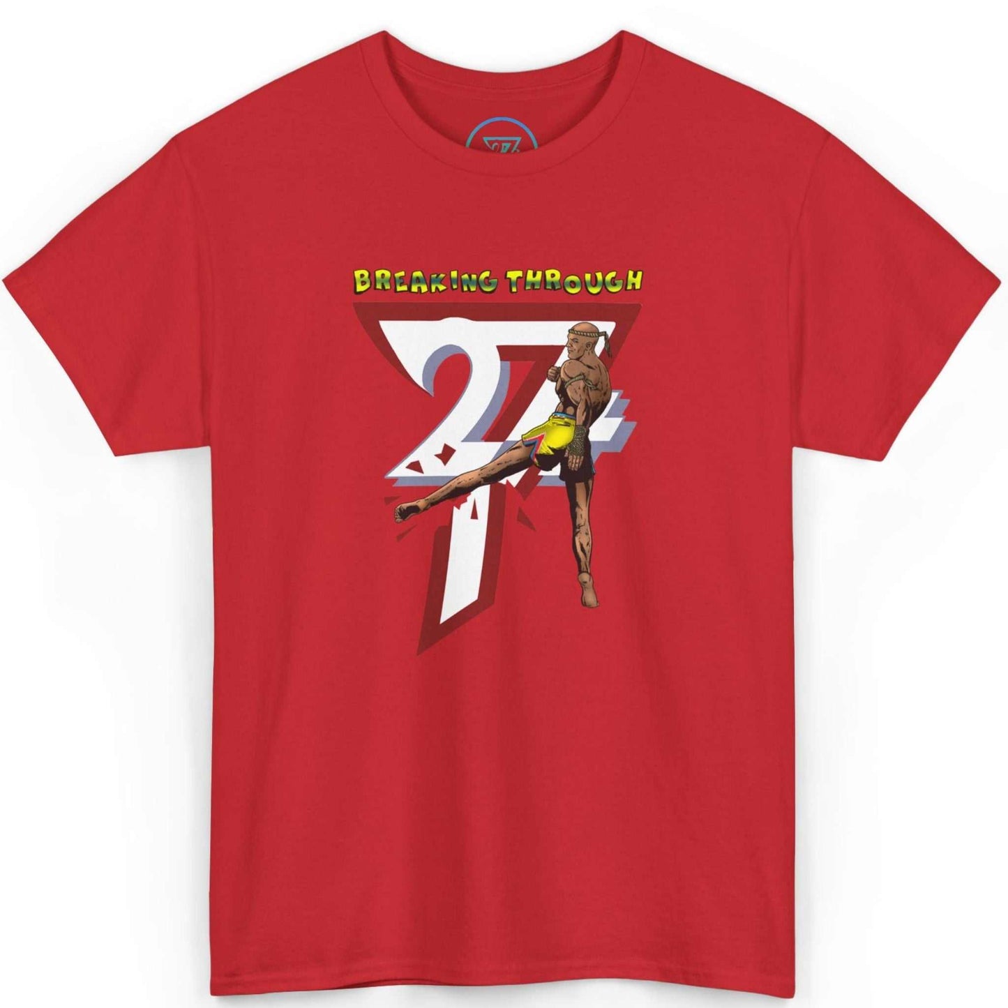 Front view of a vibrant red kickboxing clothing tee featuring the 24/7 Breaking Through design, laid flat.