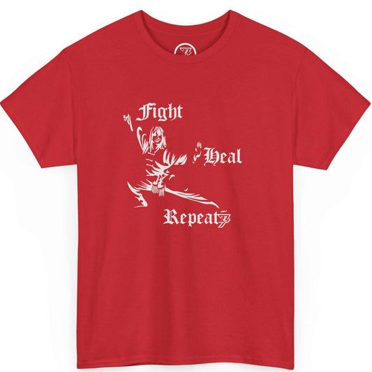 Front view of a vibrant red Kung Fu martial arts shirt featuring the white hand-drawn forms champion silhouette, displayed on a clean background.