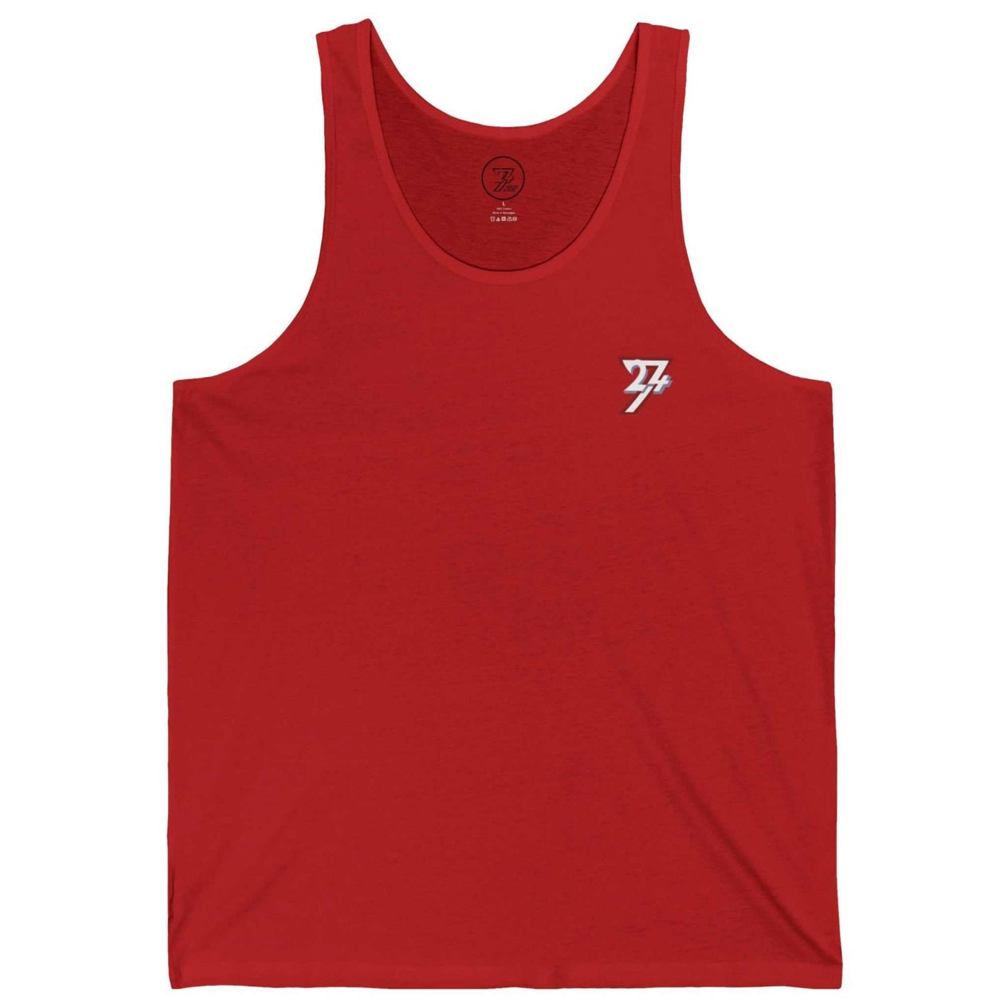 Front view of a bold red lifting tank top for men showcasing the clean official 24/7 logo, laid flat.