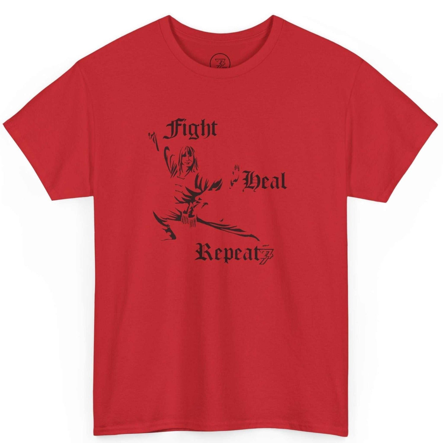 Front view of a vibrant red martial arts movie apparel tee displaying the legendary action cinema illustration, laid flat.