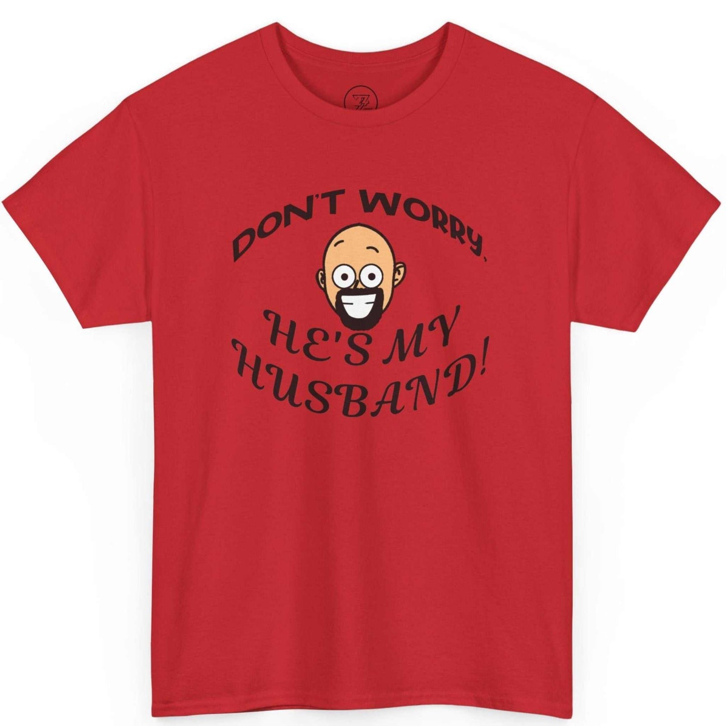 Solid red matching couples concert outfit displaying the custom drawn bald male character.